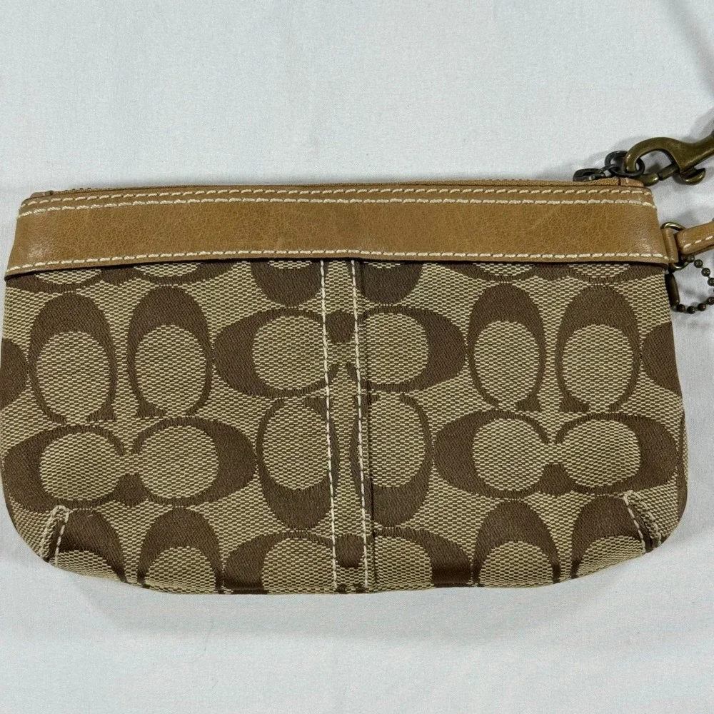 Vintage Coach Signature C Jacquard Wristlet Khaki Brown Canvas Leather Trim
